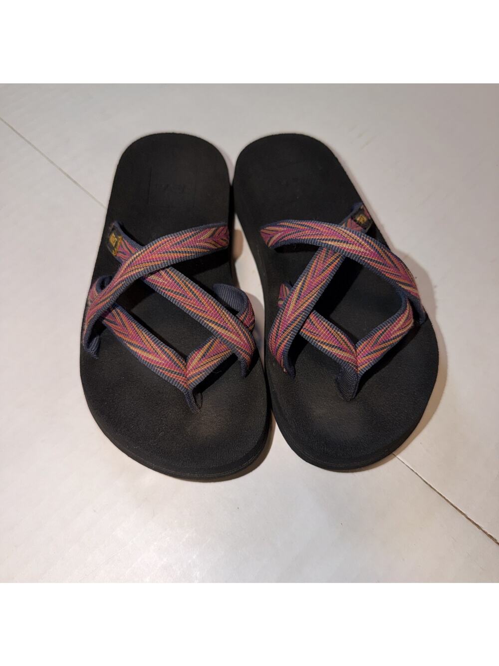 Teva Kids Girls Sandals Size 13 Pink/blue/oran Olowahu Strappy Slip On Flip Flop